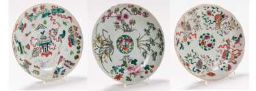 THREE VERY ATTRACTIVE COLOUR PAINTED PLATES THREE VERY ATTRACTIVE COLOUR PAINTED PLATES