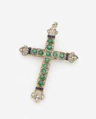 HISTORICAL CROSS PENDANT IS DECORATED WITH EMERALDS, SAPPHIRES AND DIAMOND ROSES . USA, about 1910 HISTORICAL CROSS PENDANT IS DECORATED WITH EMERALDS, SAPPHIRES AND DIAMOND ROSES . USA, about 1910