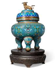 A CHINESE CLOISONNE-ENAMEL LARGE TRIPOD CENSOR AND COVER, ON STAND A CHINESE CLOISONNE-ENAMEL LARGE TRIPOD CENSOR AND COVER, ON STAND