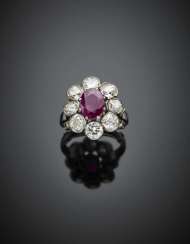 Oval ct. 1.85 circa ruby with old mine and brilliant cut diamond white gold cluster ring Oval ct. 1.85 circa ruby with old mine and brilliant cut diamond white gold cluster ring