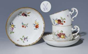 Pair Of Baroque Cups, Saucers. MEISSEN, around 1760, Pair Of Baroque Cups, Saucers. MEISSEN, around 1760,