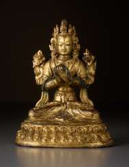 GILT BRONZE, WITH PAINTING OF THE BODHISATTVA MAITREYA GILT BRONZE, WITH PAINTING OF THE BODHISATTVA MAITREYA