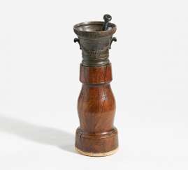 Large mortar with garland decoration on a wooden base Large mortar with garland decoration on a wooden base