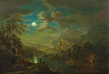Schüz, Christian Georg I a river landscape in the moonlight. Schüz, Christian Georg I a river landscape in the moonlight.