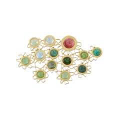 Unique brooch with 13 round tourmaline cabochons Unique brooch with 13 round tourmaline cabochons
