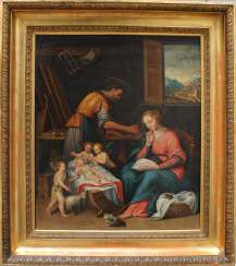 Francesco Albani (1578–1660)-circle, The Holy Family in Joseph‘s carpenter workshop with the sleeping child, Saint John, angels and Maria asking for silence Francesco Albani (1578–1660)-circle, The Holy Family in Joseph‘s carpenter workshop with the sleeping child, Saint John, angels and Maria asking for silence