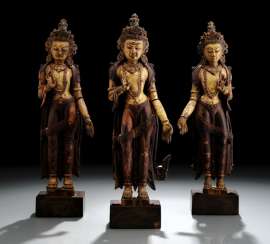 THREE RARE SCULPTURES MADE FROM ZITAN WOOD WITH REPRESENTATIONS OF MAHABODHISATTVAS THREE RARE SCULPTURES MADE FROM ZITAN WOOD WITH REPRESENTATIONS OF MAHABODHISATTVAS