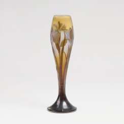 Elegant Gallé stem glass Vase with irises Elegant Gallé stem glass Vase with irises