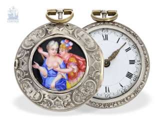 Pocket watch: English double case-Spindeluhr with rare enamel plaque, erotic motif, probably Mussard school, signed Samson, London, Hallmarks 1752 Pocket watch: English double case-Spindeluhr with rare enamel plaque, erotic motif, probably Mussard school, signed Samson, London, Hallmarks 1752