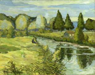 Fisherman by Canal, signed. Fisherman by Canal, signed.