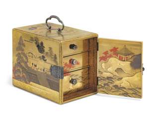 A FINE MINIATURE LACQUER CABINET (KODANSU) WITH SCENES OF NIKKO A FINE MINIATURE LACQUER CABINET (KODANSU) WITH SCENES OF NIKKO