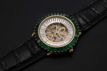 AUDEMARS PIGUET, A GENTS GOLD WRISTWATCH SET WITH EMERALDS, DIAMONDS AND SKELETONISED DIAL, ENGRAVED NO. 1 AUDEMARS PIGUET, A GENTS GOLD WRISTWATCH SET WITH EMERALDS, DIAMONDS AND SKELETONISED DIAL, ENGRAVED NO. 1