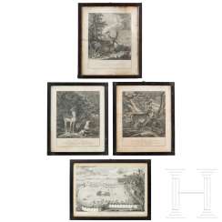 Four hunting engravings, three of them by Johann Elias Ridinger, Augsburg, around 1760 Four hunting engravings, three of them by Johann Elias Ridinger, Augsburg, around 1760