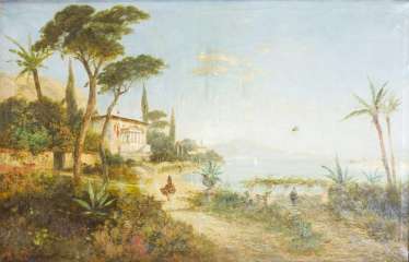 TERNI, A. L. (Pseudonym; actually. Georg Fischhof (1859-1914): coastal landscape with a Villa, Figurentsaffage and palm trees, 19./20. Century, TERNI, A. L. (Pseudonym; actually. Georg Fischhof (1859-1914): coastal landscape with a Villa, Figurentsaffage and palm trees, 19./20. Century,