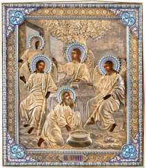 VERY FINE ICON OF OLD TESTAMENT TRINITY WITH CLOISONNÉ ENAMEL OKLAD VERY FINE ICON OF OLD TESTAMENT TRINITY WITH CLOISONNÉ ENAMEL OKLAD