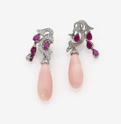 A Pair of drop earrings with coral, rubies and diamonds A Pair of drop earrings with coral, rubies and diamonds