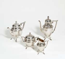 Four Piece silver coffee and tea service with ribbon and festoon decor Four Piece silver coffee and tea service with ribbon and festoon decor