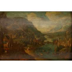 German painter of the early 18th century., "Mountain landscape with towns on both sides of the river", German painter of the early 18th century., "Mountain landscape with towns on both sides of the river",