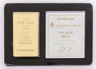 1 - gold bullion 100g gold bars, the manufacturer Heimerle + Meule, 1 - gold bullion 100g gold bars, the manufacturer Heimerle + Meule,