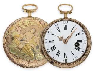 Pocket watch: magnificent, large 4-color Louis XV gold spindle watch with mythological scene, important manufacturer, Dufalga a Geneve No.121, around 1760 Pocket watch: magnificent, large 4-color Louis XV gold spindle watch with mythological scene, important manufacturer, Dufalga a Geneve No.121, around 1760