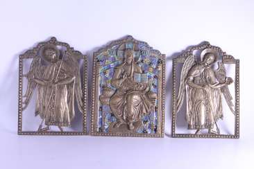 Russian icon of Jesus Christ Archangel Michael Gabriel triptych Deesis bronze enamel. Russian icon of Jesus Christ Archangel Michael Gabriel triptych Deesis bronze enamel.