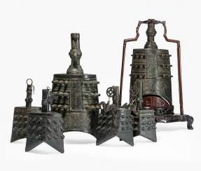 Six bells from Bronze in archaic style, with hard wood Stand Six bells from Bronze in archaic style, with hard wood Stand