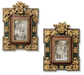 A PAIR OF SPANISH PARCEL-GILT, GREEN AND RED-PAINTED MIRRORS A PAIR OF SPANISH PARCEL-GILT, GREEN AND RED-PAINTED MIRRORS