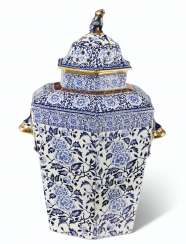 AN ENGLISH IRONSTONE BLUE AND WHITE HEXAGONAL POT-POURRI VASE, COVER AND INNER COVER AN ENGLISH IRONSTONE BLUE AND WHITE HEXAGONAL POT-POURRI VASE, COVER AND INNER COVER