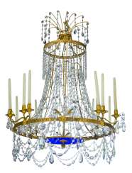 A NORTH EUROPEAN ORMOLU COBALT BLUE AND CUT-GLASS TWELVE-LIGHT CHANDELIER A NORTH EUROPEAN ORMOLU COBALT BLUE AND CUT-GLASS TWELVE-LIGHT CHANDELIER