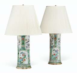 A NEAR PAIR OF LARGE CHINESE FAMILLE VERTE BEAKER VASES, MOUNTED AS LAMPS A NEAR PAIR OF LARGE CHINESE FAMILLE VERTE BEAKER VASES, MOUNTED AS LAMPS