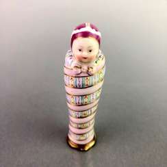 Extremely rare needle case in the shape of a changing child's: Meissen, to 1745/50. Extremely rare needle case in the shape of a changing child's: Meissen, to 1745/50.
