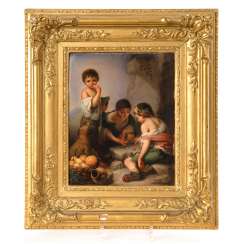 Porcelain painting: boys in a dice game, antique KPM Berlin. Porcelain painting: boys in a dice game, antique KPM Berlin.