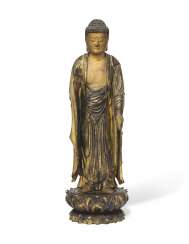 A CARVED STANDING WOOD FIGURE OF AMITABHA (AMIDA NYORAI) A CARVED STANDING WOOD FIGURE OF AMITABHA (AMIDA NYORAI)