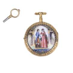 Beautiful gold plated pocket watch with diamonds and painted enamel Beautiful gold plated pocket watch with diamonds and painted enamel