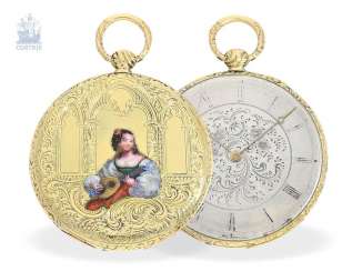 Pocket watch: very rare, ultra-flat Gold/enamel-Lepine with Bagnolet caliber, No. 23397, approx. 1830-1840 Pocket watch: very rare, ultra-flat Gold/enamel-Lepine with Bagnolet caliber, No. 23397, approx. 1830-1840
