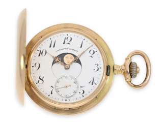 Pocket watch: rare double-sided astronomical gold savonnette with Calendar according to the Patent of HENRI JACOT-BURMANN (Brevet 24914) Pocket watch: rare double-sided astronomical gold savonnette with Calendar according to the Patent of HENRI JACOT-BURMANN (Brevet 24914)