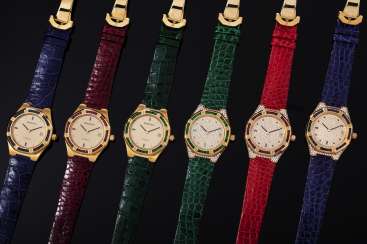 AUDEMARS PIGUET, A SET OF SIX GOLD BEJEWELLED ROYAL OAK WRISTWATCHES WITH ITS ORIGINAL PRESENTATON BOX AUDEMARS PIGUET, A SET OF SIX GOLD BEJEWELLED ROYAL OAK WRISTWATCHES WITH ITS ORIGINAL PRESENTATON BOX