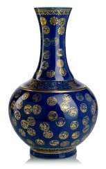 Powder-blue bottle vase made of porcelain with medallions in gold painting Powder-blue bottle vase made of porcelain with medallions in gold painting