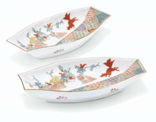 TWO MEISSEN PORCELAIN BROCADE-PATTERN KAKIEMON AND IMARI PUNT-SHAPED SPOON-TRAYS TWO MEISSEN PORCELAIN BROCADE-PATTERN KAKIEMON AND IMARI PUNT-SHAPED SPOON-TRAYS