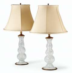 A NEAR PAIR OF GILT-METAL MOUNTED ITALIAN GLASS CANDLESTICKS, MOUNTED AS LAMPS A NEAR PAIR OF GILT-METAL MOUNTED ITALIAN GLASS CANDLESTICKS, MOUNTED AS LAMPS