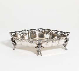 Oval art nouveau silver jardiniere with figural decor Oval art nouveau silver jardiniere with figural decor