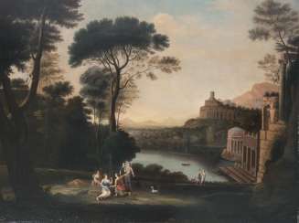 Ideal landscape with a hunting party of Diana French landscape painter in the manner of Claude Lorrain, active 2. Half of 18. Century Ideal landscape with a hunting party of Diana French landscape painter in the manner of Claude Lorrain, active 2. Half of 18. Century