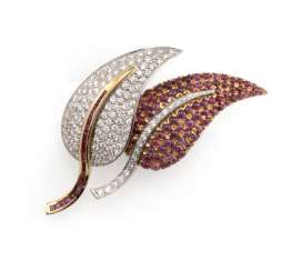 Fine ruby and diamond brooch in leaf shape Fine ruby and diamond brooch in leaf shape