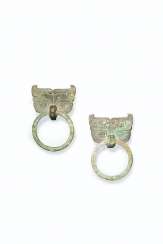 A PAIR OF UNUSUAL BRONZE TAOTIE MASKS AND RING HANDLES A PAIR OF UNUSUAL BRONZE TAOTIE MASKS AND RING HANDLES