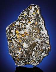 EXTRATERRESTRIAL GEMSTONES IN METALLIC MATRIX — A COMPLETE SLICE OF A SEYMCHAN METEORITE EXTRATERRESTRIAL GEMSTONES IN METALLIC MATRIX — A COMPLETE SLICE OF A SEYMCHAN METEORITE