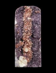 A LARGE SPECIMEN OF ORANGE QUARTZ CRYSTALS ON A BED OF CALCITE AND AMETHYST POINTS A LARGE SPECIMEN OF ORANGE QUARTZ CRYSTALS ON A BED OF CALCITE AND AMETHYST POINTS