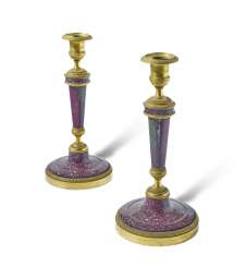 A PAIR OF LATE LOUIS XVI ORMOLU, PORPHYRY AND JASPER CANDLESTICKS A PAIR OF LATE LOUIS XVI ORMOLU, PORPHYRY AND JASPER CANDLESTICKS