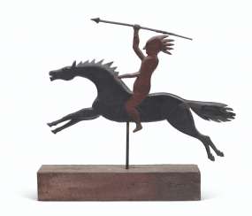 A RED AND BLACK PAINTED WOODEN INDIAN WARRIOR ON HORSEBACK W... A RED AND BLACK PAINTED WOODEN INDIAN WARRIOR ON HORSEBACK W...