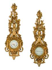 A LARGE FRENCH GILTWOOD CARTEL CLOCK AND COMPANION BAROMETER A LARGE FRENCH GILTWOOD CARTEL CLOCK AND COMPANION BAROMETER
