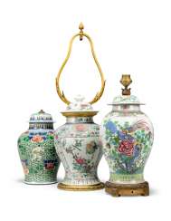 A GROUP OF THREE CHINESE PORCELAIN VASES AND COVERS, MOUNTED AS LAMPS A GROUP OF THREE CHINESE PORCELAIN VASES AND COVERS, MOUNTED AS LAMPS